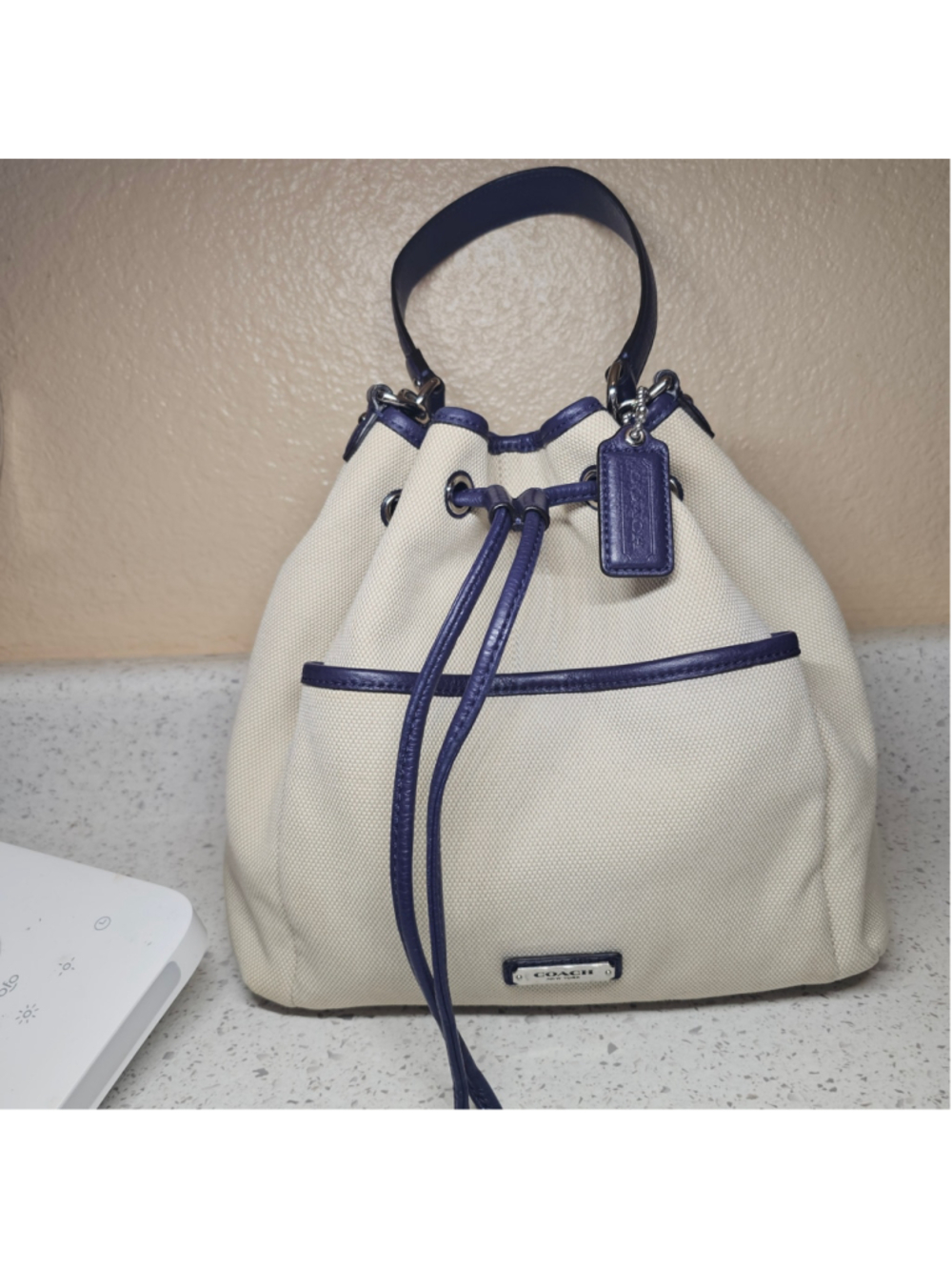 Coach Avery Canvas Drawstring Bucket Bag – Natural & Indigo (Style F28913)